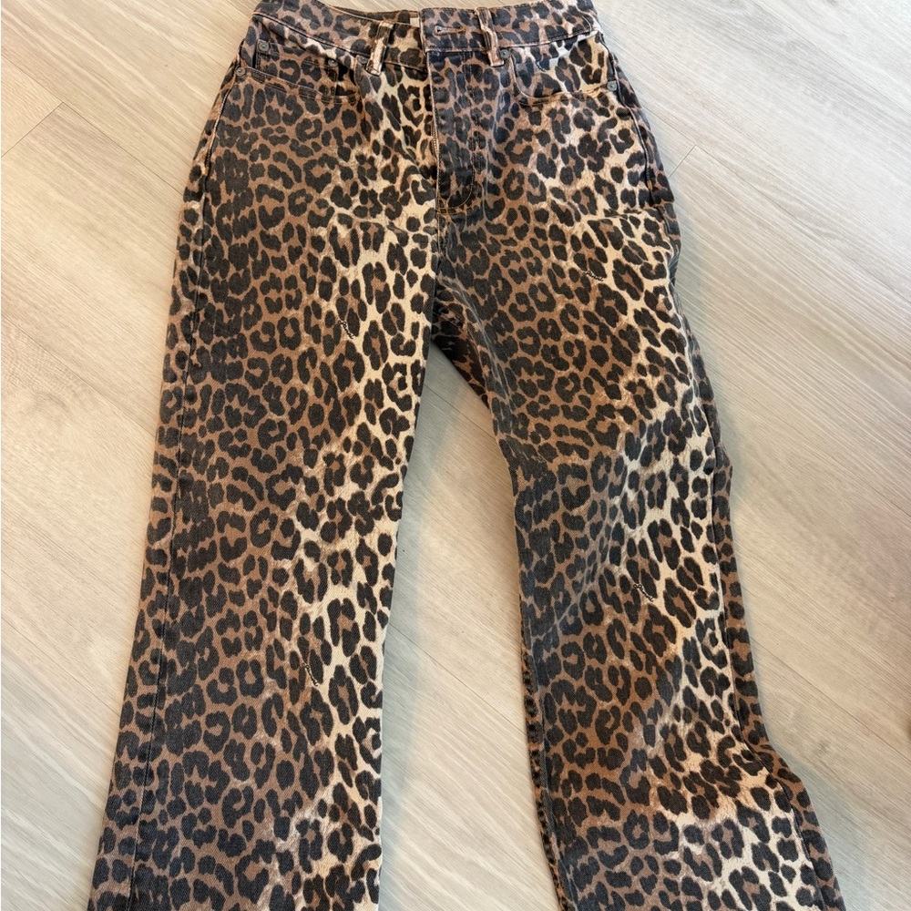 Ganni Leopard Print Boot Cut Jeans in Brown and Black